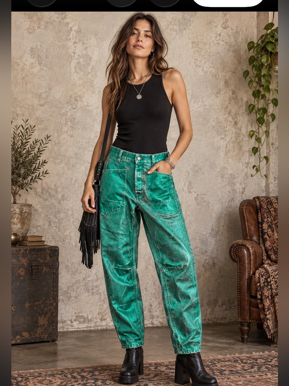 3. Free People Moxie barrel jeans metallic emerald green 24 & 28